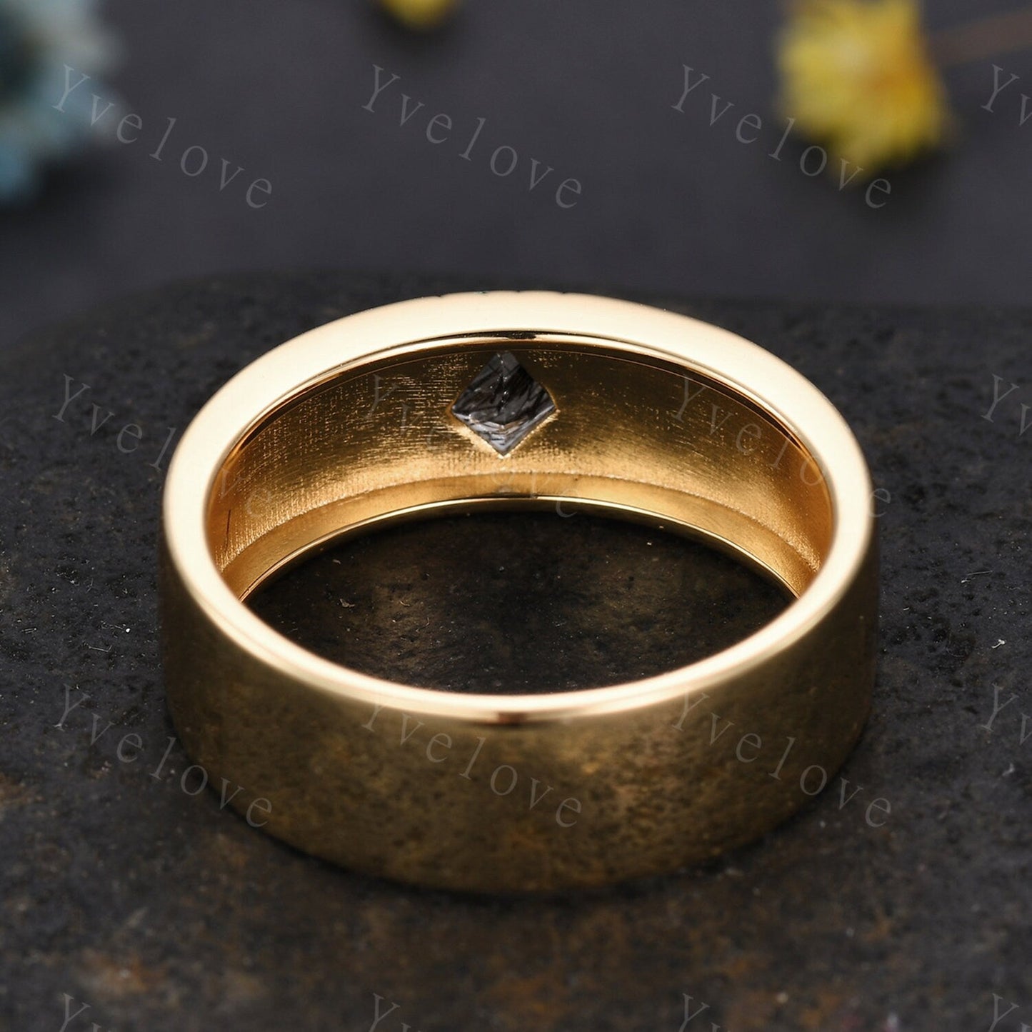 7mm Solid Gold Mens Kite Cut Black Quartz Wedding Band Black Jewelry Engagement Ring Plain Band Mens Stacking Matching Band His Wedding band