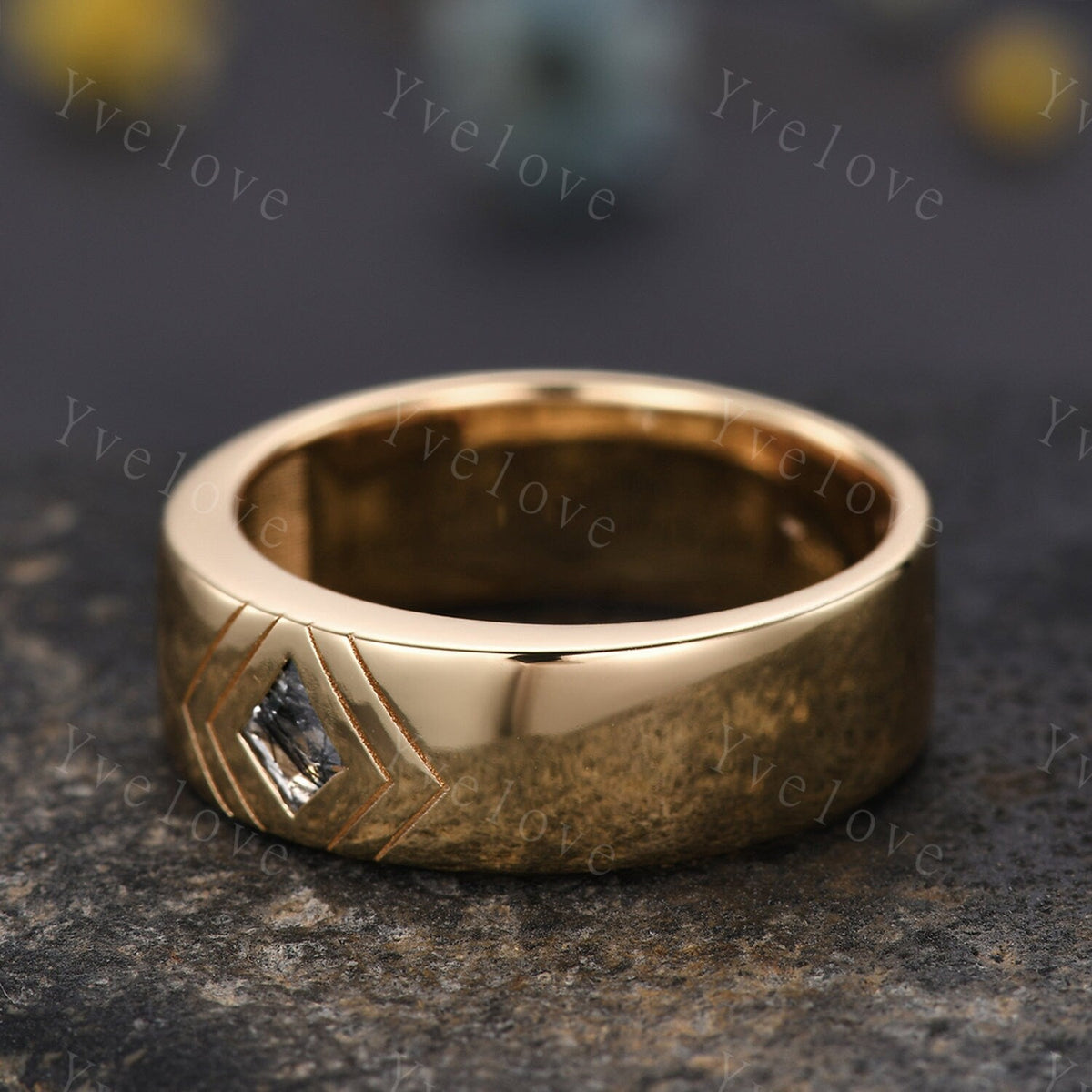 7mm Solid Gold Mens Kite Cut Black Quartz Wedding Band Black Jewelry Engagement Ring Plain Band Mens Stacking Matching Band His Wedding band