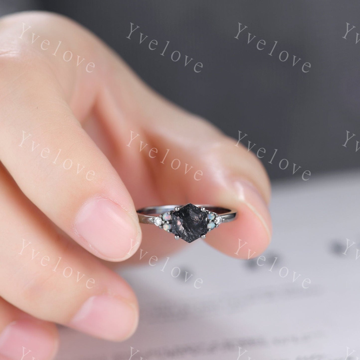 3 Set Unique Hexagon Black Rutilate Quartz Engagement Ring,White Opal Black Diamond Ring,Black Wedding Band,Vintage Gift Bridal Promise Ring