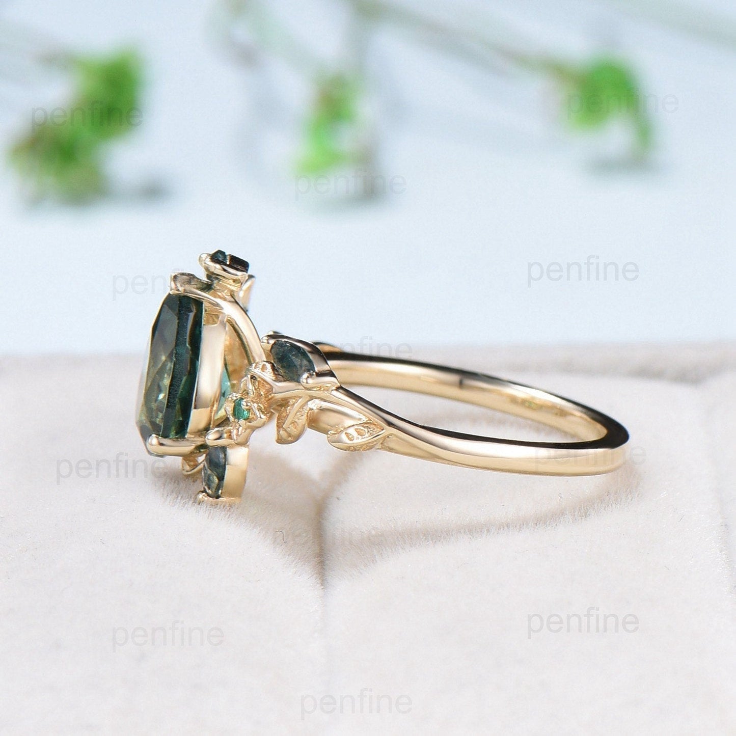 Elegant Pear lab Para¨ªba Engagement Ring Nature Inspired Floral Ring Green Agate Wedding Ring Emerald Branch Leaf Vine Anniversary Ring Gift