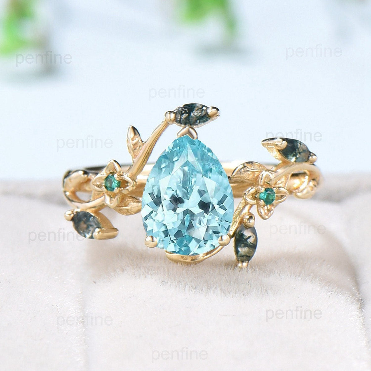 Elegant Pear lab Para¨ªba Engagement Ring Nature Inspired Floral Ring Green Agate Wedding Ring Emerald Branch Leaf Vine Anniversary Ring Gift