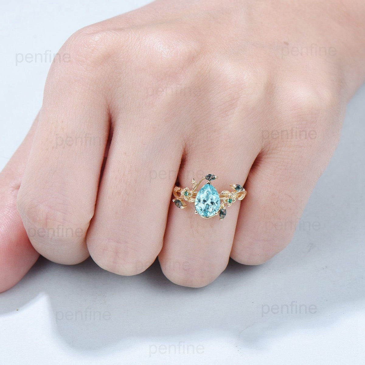 Elegant Pear lab Para¨ªba Engagement Ring Nature Inspired Floral Ring Green Agate Wedding Ring Emerald Branch Leaf Vine Anniversary Ring Gift