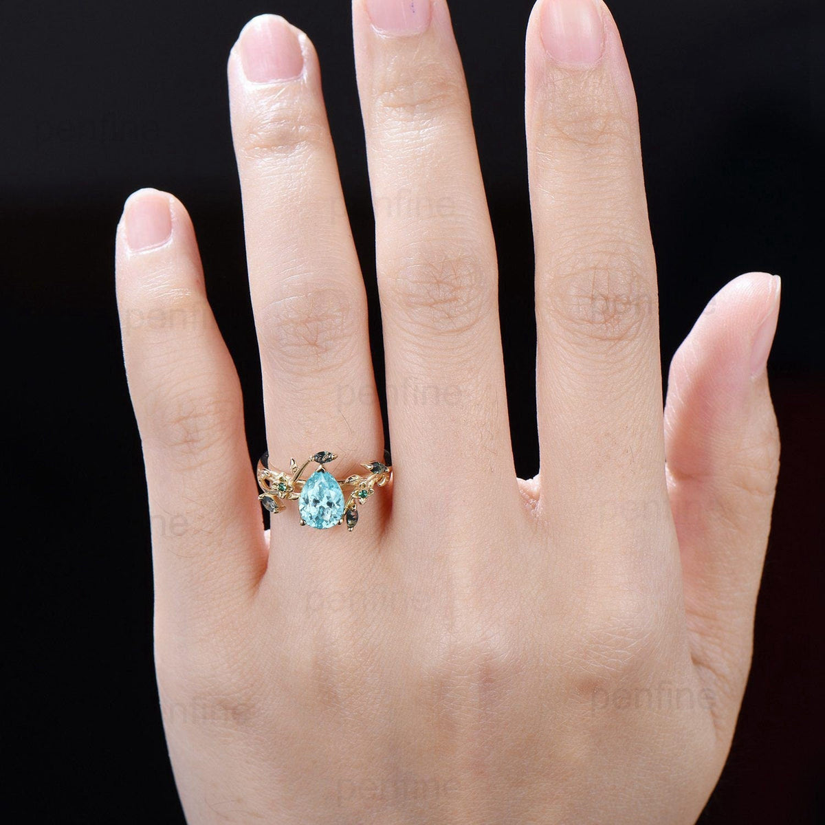 Elegant Pear lab Para¨ªba Engagement Ring Nature Inspired Floral Ring Green Agate Wedding Ring Emerald Branch Leaf Vine Anniversary Ring Gift