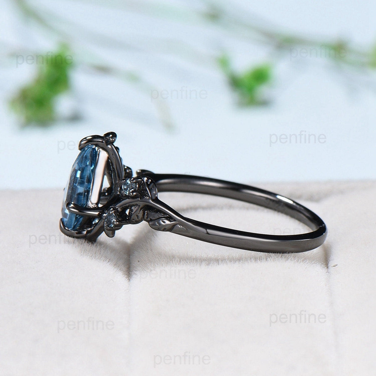1 Carat Black Gold lab Para¨ªba Ring Vintage Kite cut Natural Inspired Leaf vine engagement ring London blue topaz wedding anniversary gift
