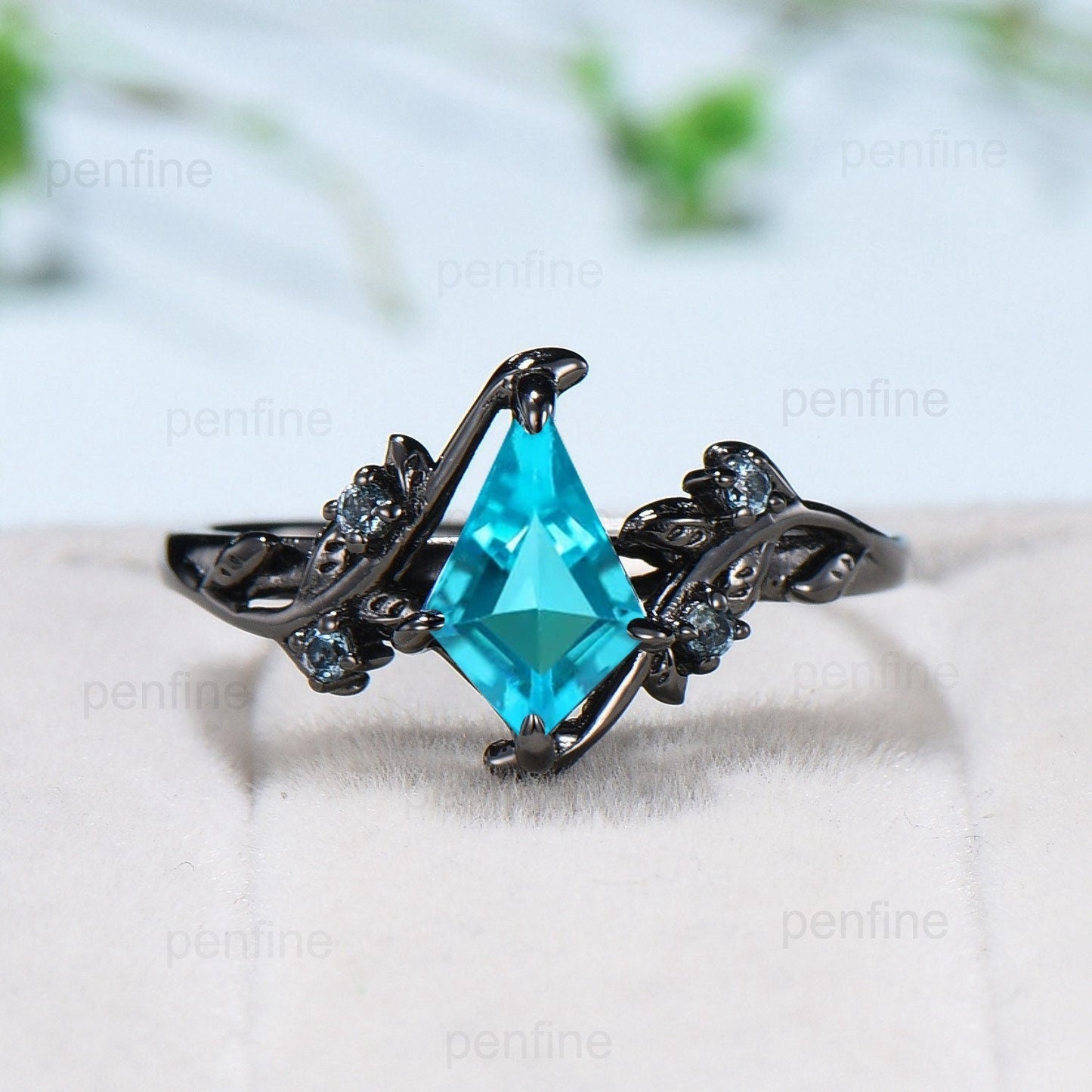 1 Carat Black Gold lab Para¨ªba Ring Vintage Kite cut Natural Inspired Leaf vine engagement ring London blue topaz wedding anniversary gift
