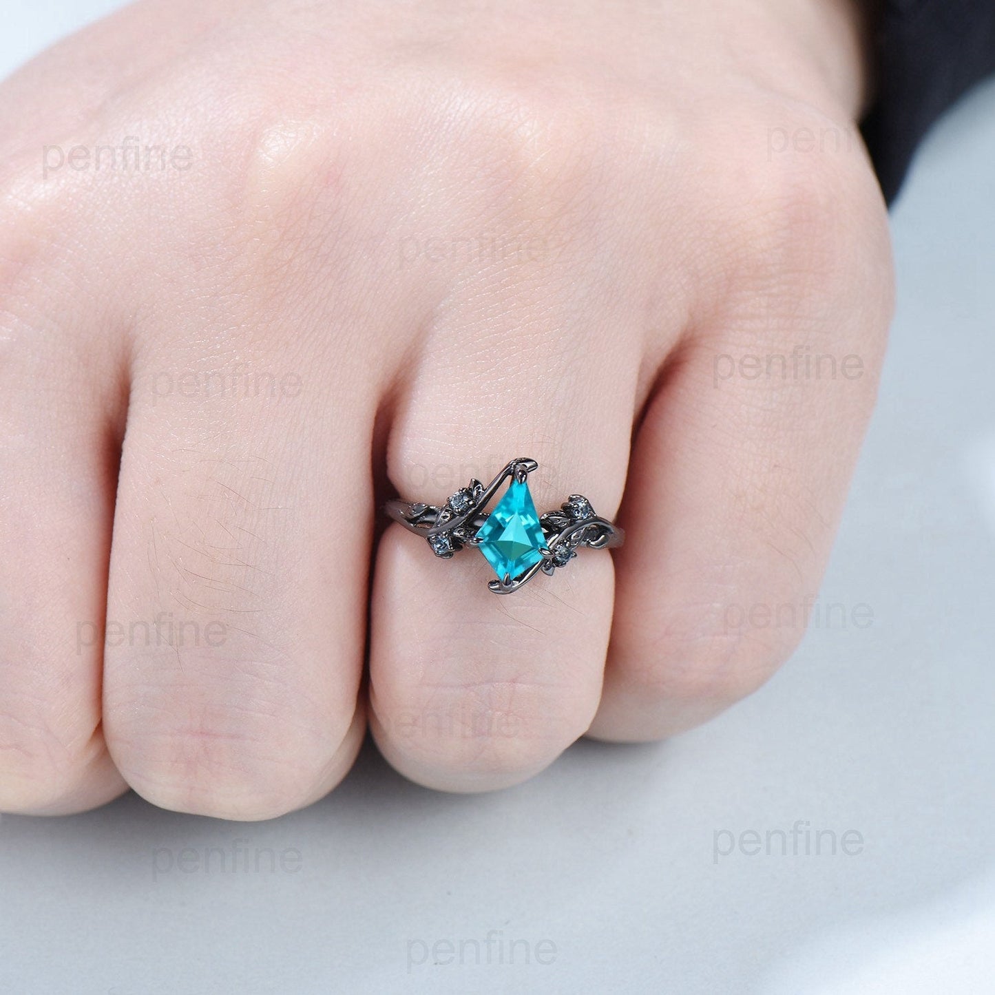 1 Carat Black Gold lab Para¨ªba Ring Vintage Kite cut Natural Inspired Leaf vine engagement ring London blue topaz wedding anniversary gift