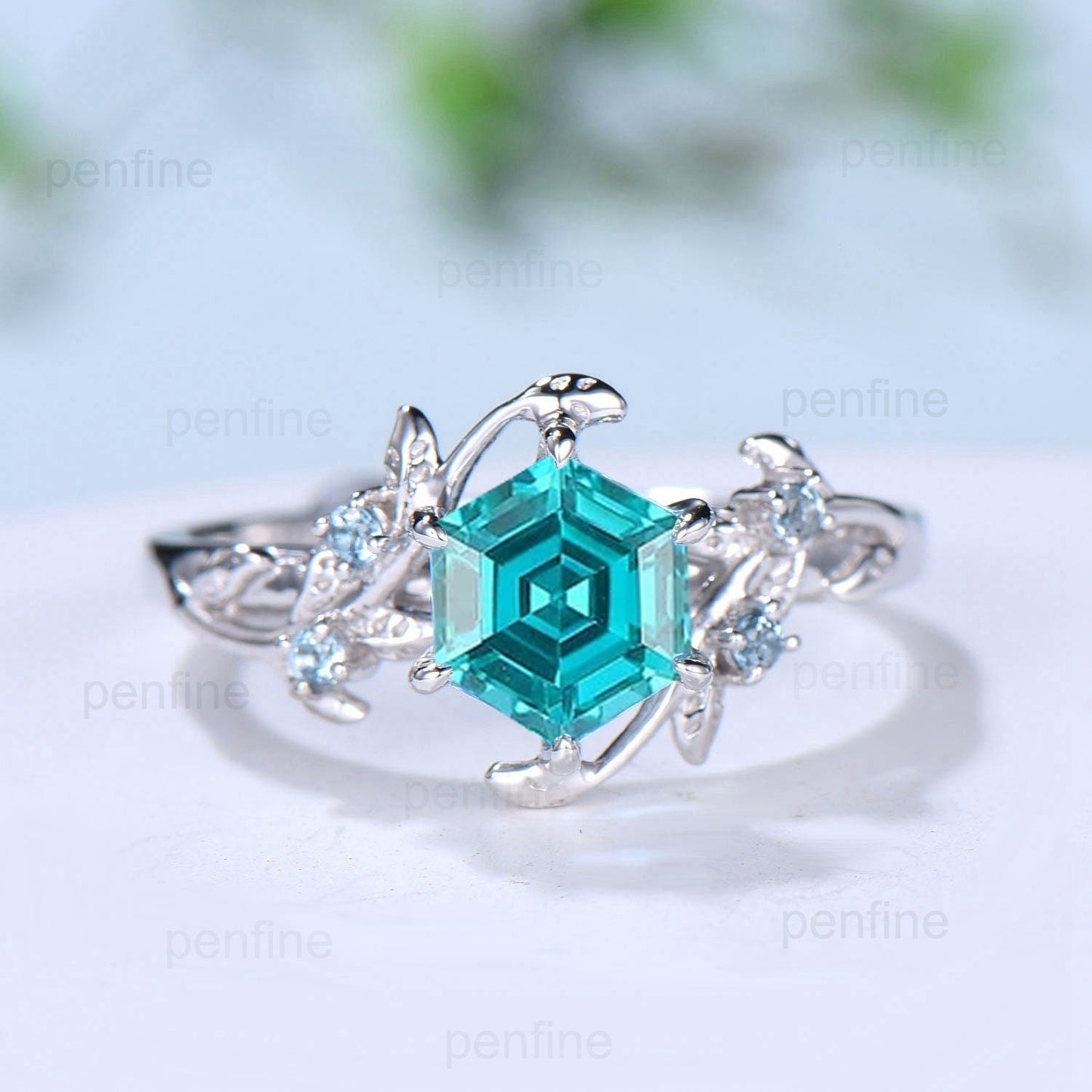 Twig Vine Hexagon cut Lab Para¨ªba Ring Vintage Leaf light Swiss blue topaz engagement ring branch Natural inspired anniversary gift for mom