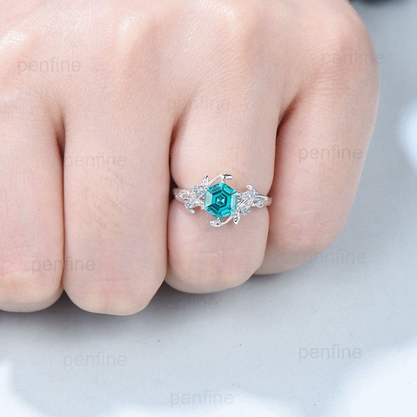 Twig Vine Hexagon cut Lab Para¨ªba Ring Vintage Leaf light Swiss blue topaz engagement ring branch Natural inspired anniversary gift for mom