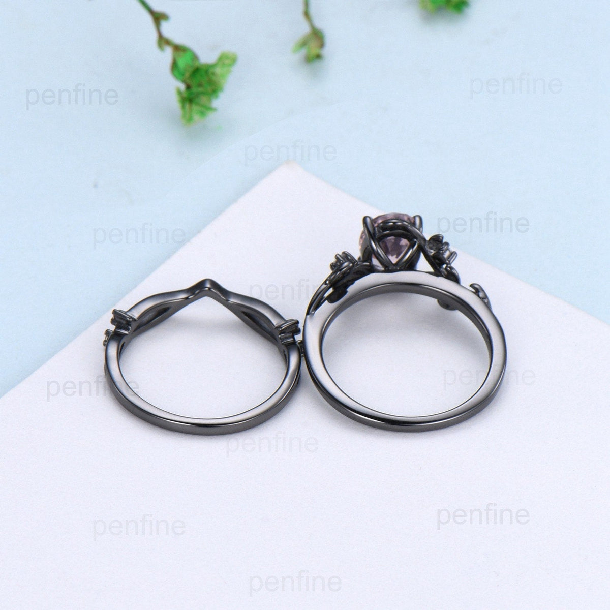 Unique black gold lab para¡§aba ring set Nature Inspired Leaf oval engagement ring vintage cluster moissanite diamond wedding set for women
