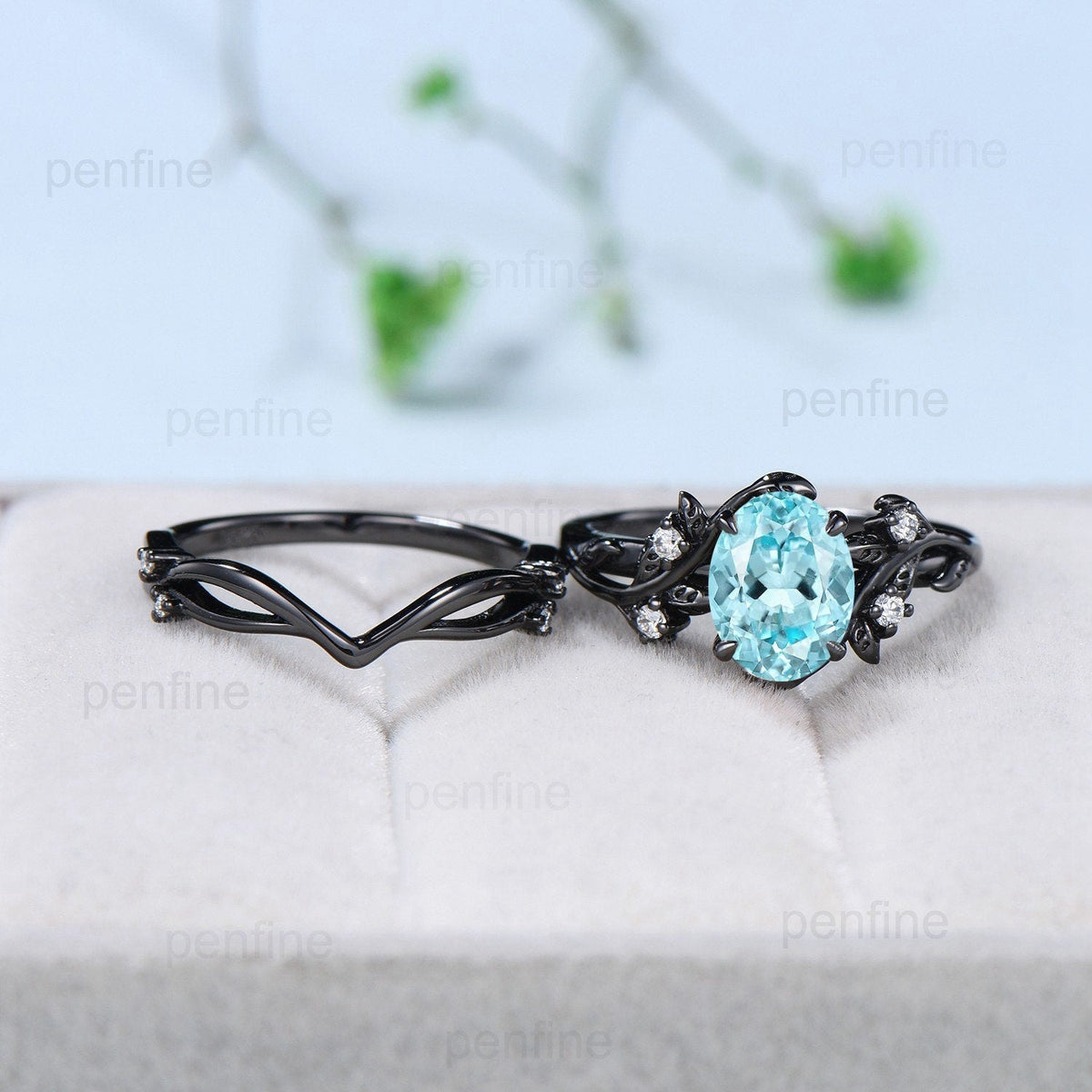 Unique black gold lab para¡§aba ring set Nature Inspired Leaf oval engagement ring vintage cluster moissanite diamond wedding set for women
