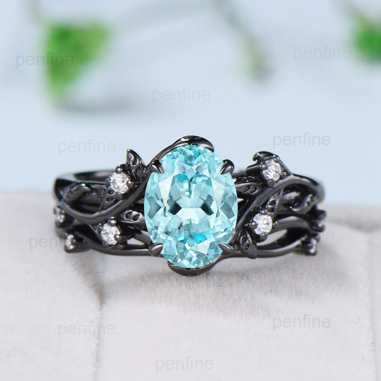 Unique black gold lab para¡§aba ring set Nature Inspired Leaf oval engagement ring vintage cluster moissanite diamond wedding set for women
