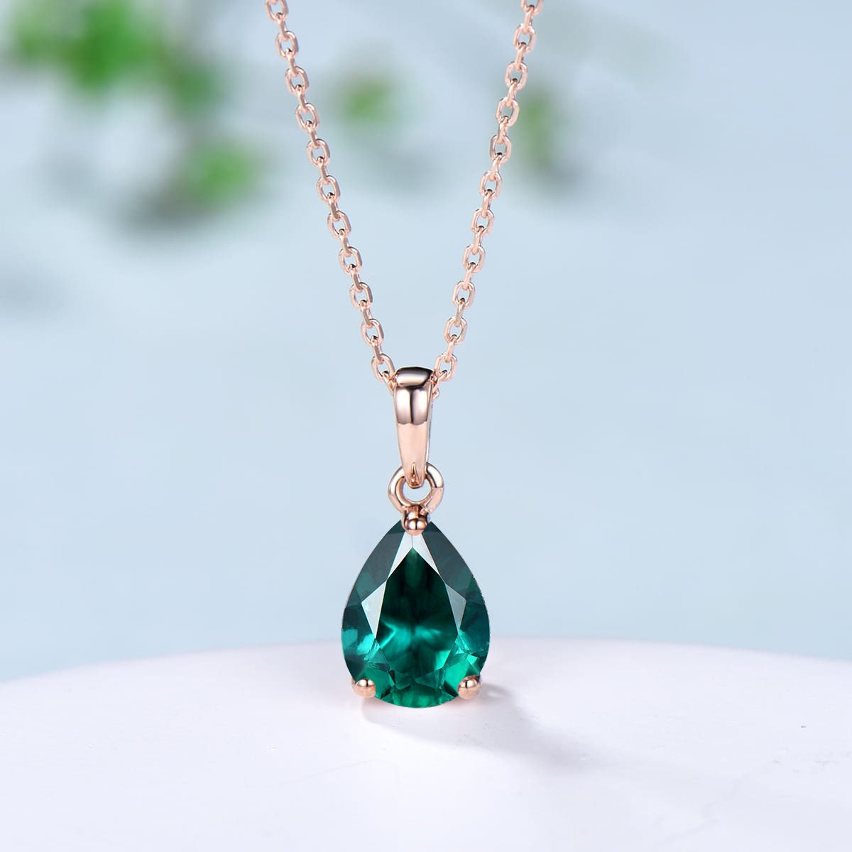 Dainty 14K Rose Gold Emerald Necklace - Teardrop May Birthstone