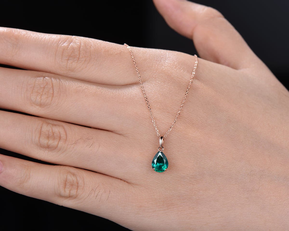 Dainty 14K Rose Gold Emerald Necklace - Teardrop May Birthstone