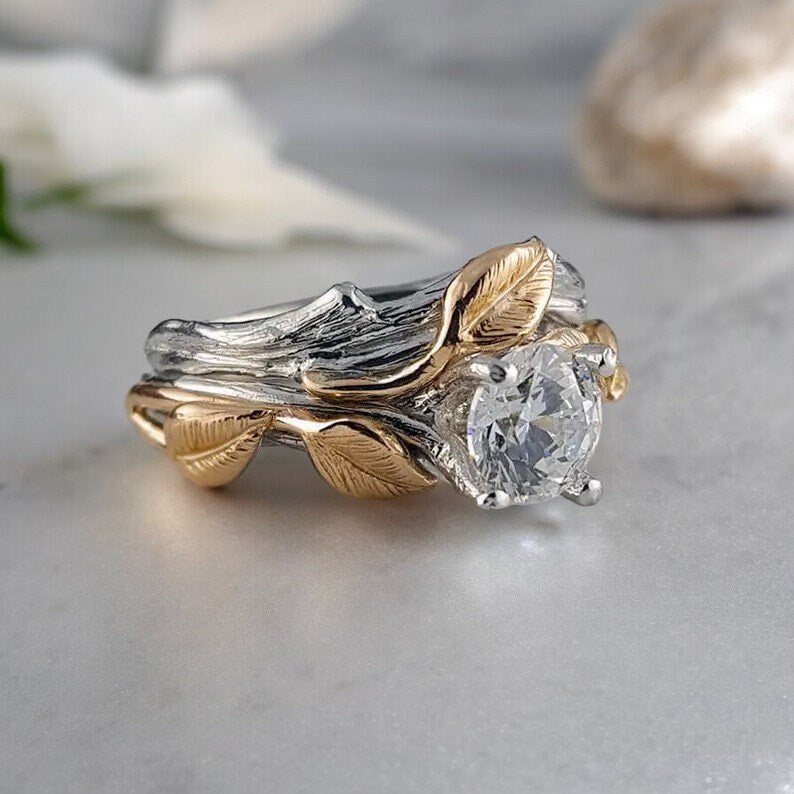Two Tone Gold Moissanite Engagement Ring Set: Custom Leaf & Twig Bridal Rings