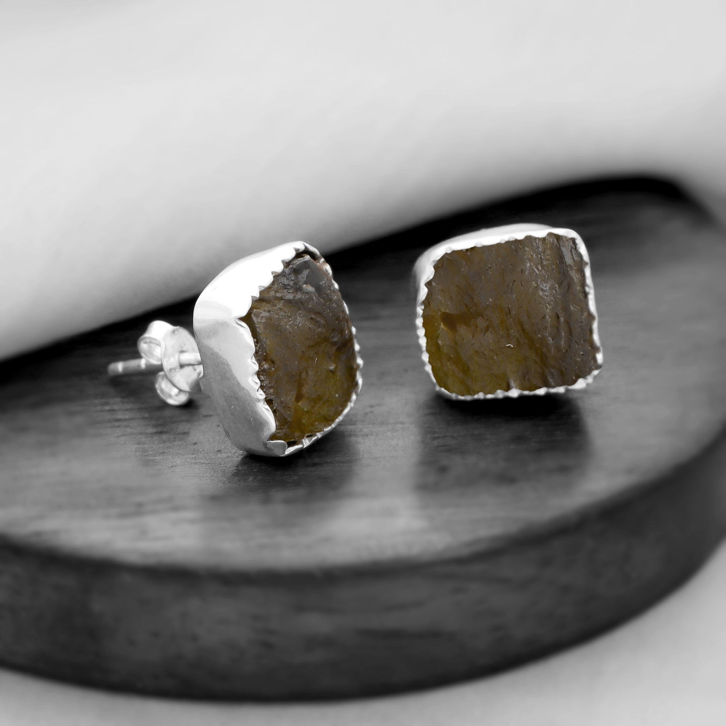 Crezh Moldavite Natural Gemstone 925 Sterling Silver Handmade Stud Earring