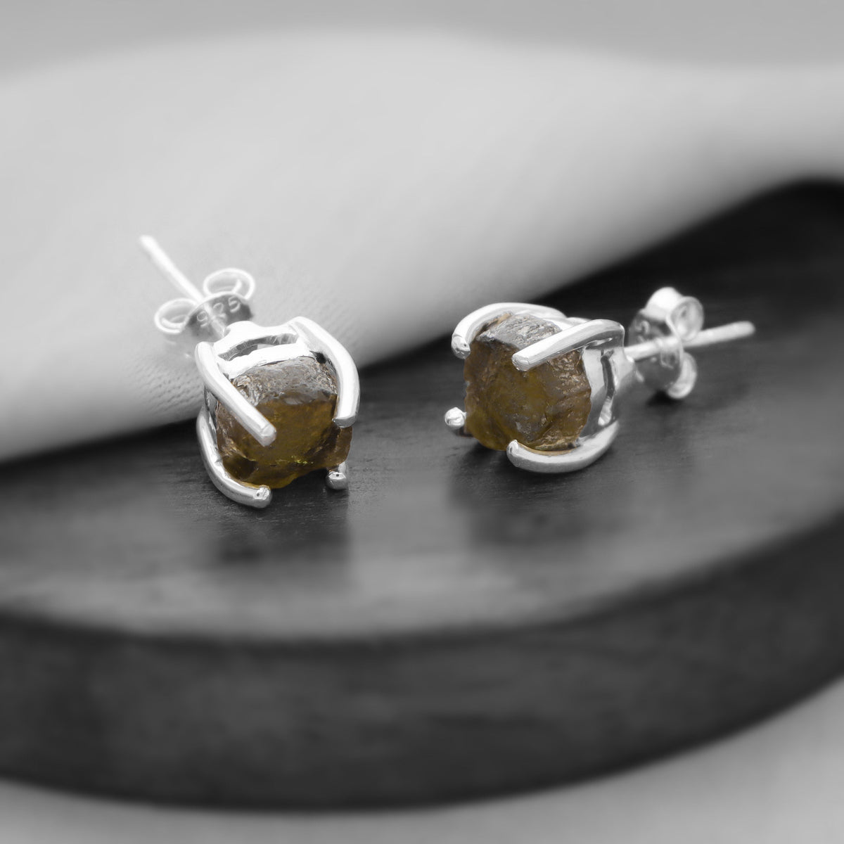 Crezh Moldavite Natural Gemstone 925 Sterling Silver Handmade Stud Earring