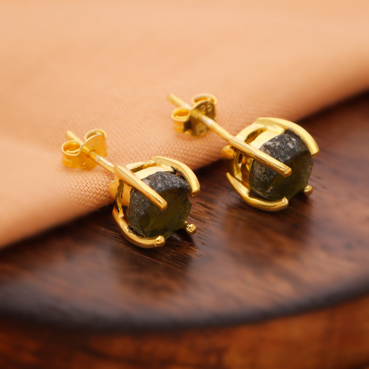 Crezh Moldavite Natural Gemstone Gold Filled in 925 Sterling Silver Handmade Stud Earring