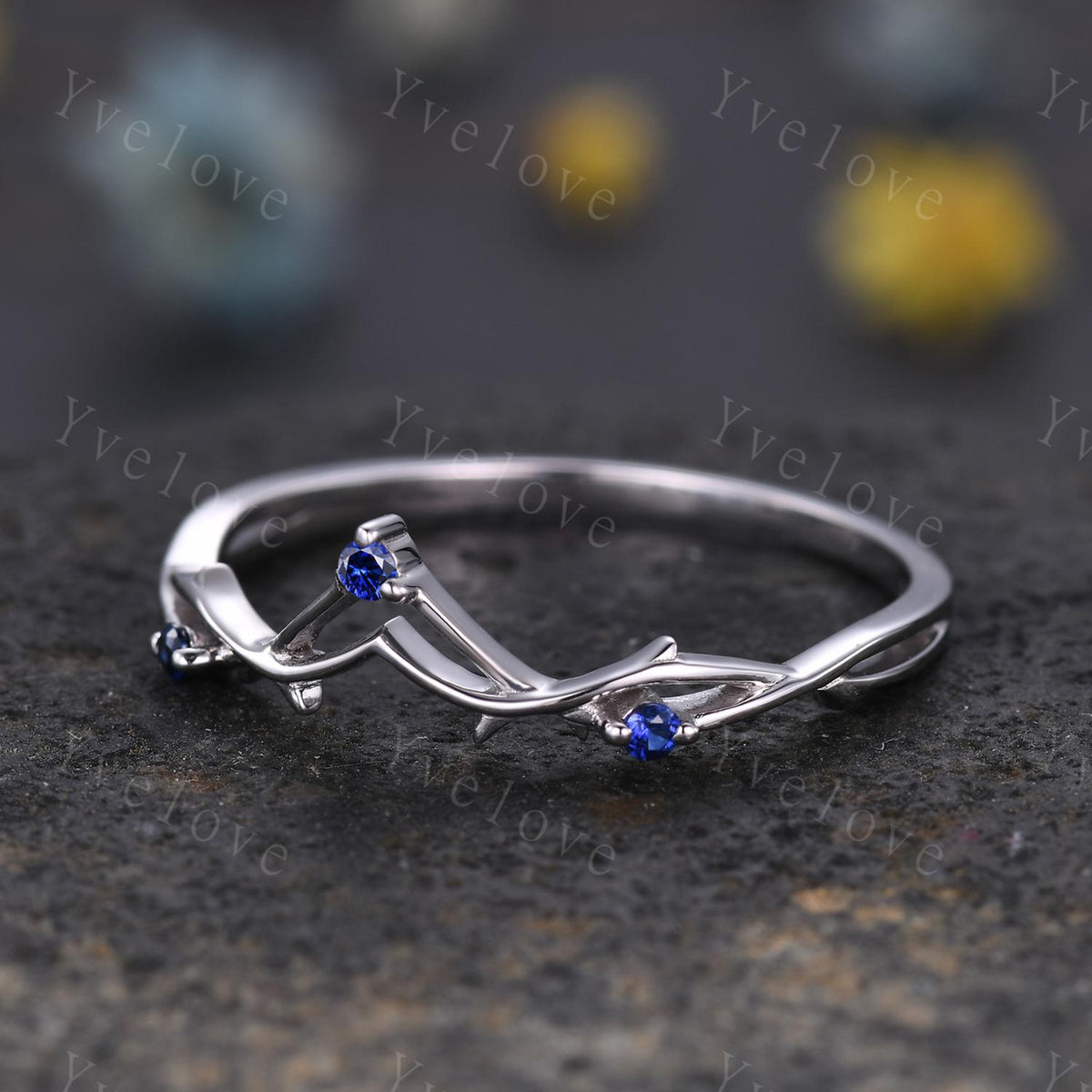 Minimalist Blue Sapphire Twig Engagement Ring,Twig Matching Band,Women Vine Band,Art Deco V Curved Branch Wedding Band,Sapphire Silver Ring