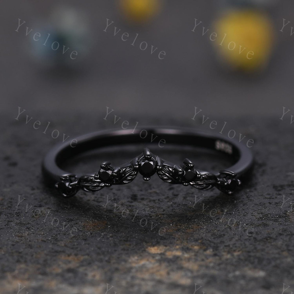 Retro Black Spinel Engagement Ring,Twig Leaf Matching Band,Women Vine Band,Gothic V Curved Branch Wedding Band,Black Gold Wedding Band Gift