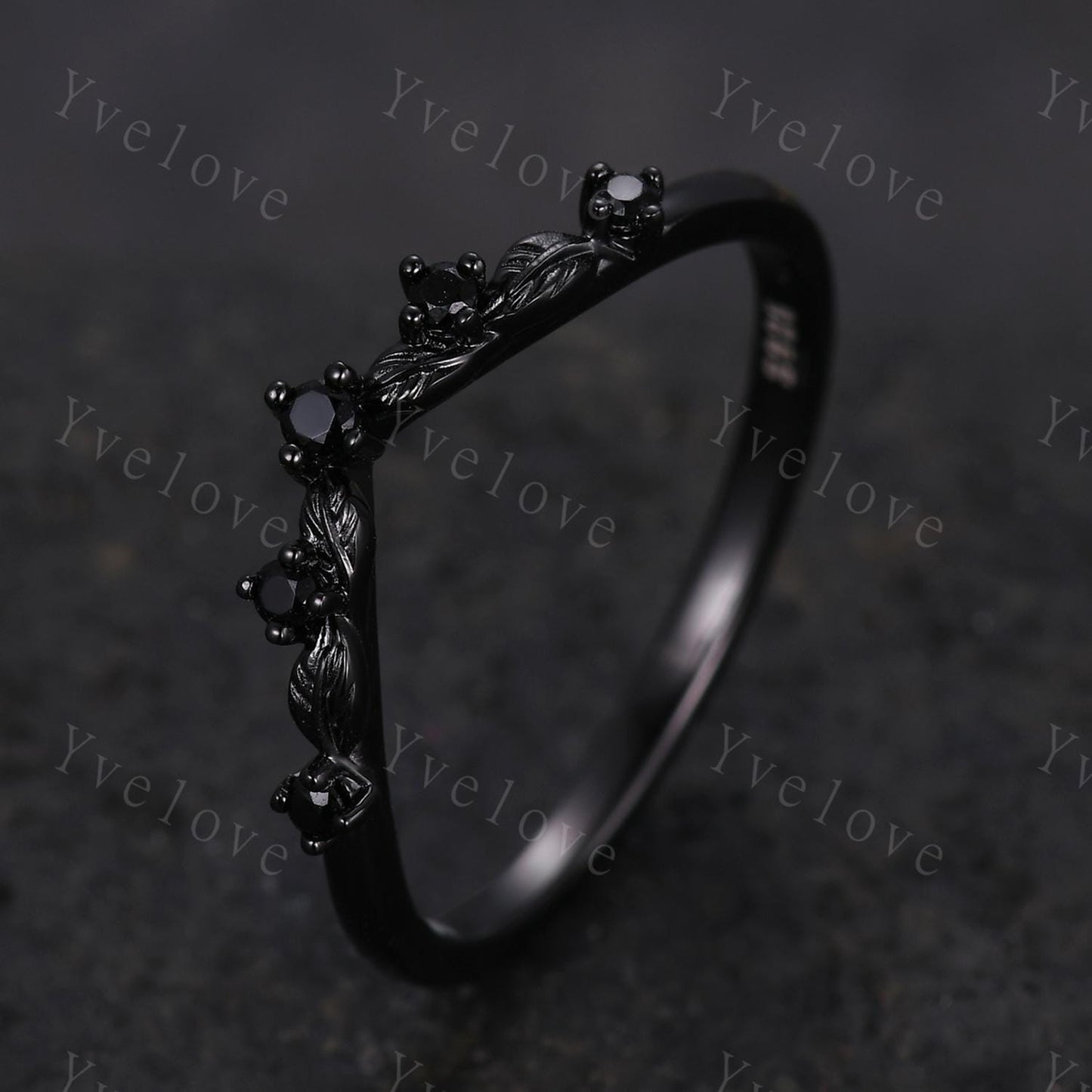 Retro Black Spinel Engagement Ring,Twig Leaf Matching Band,Women Vine Band,Gothic V Curved Branch Wedding Band,Black Gold Wedding Band Gift