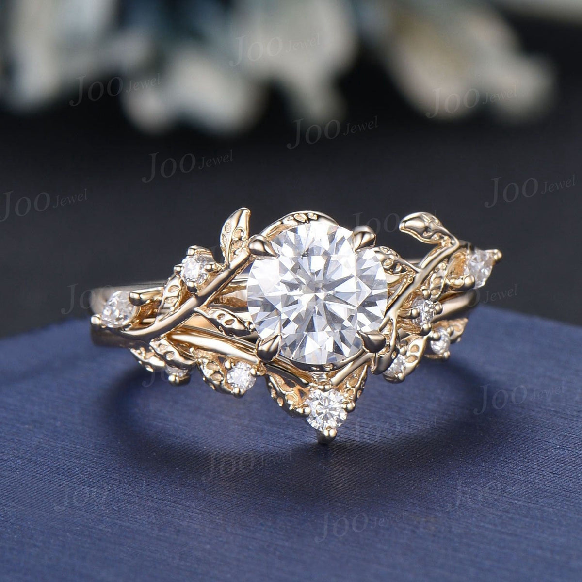 1ct Round Cut Moissanite Engagement Ring 14K Real Gold Nature Inspired Diamond Engagement Ring Leaf Wedding Bridal Set Unique Proposal Gifts