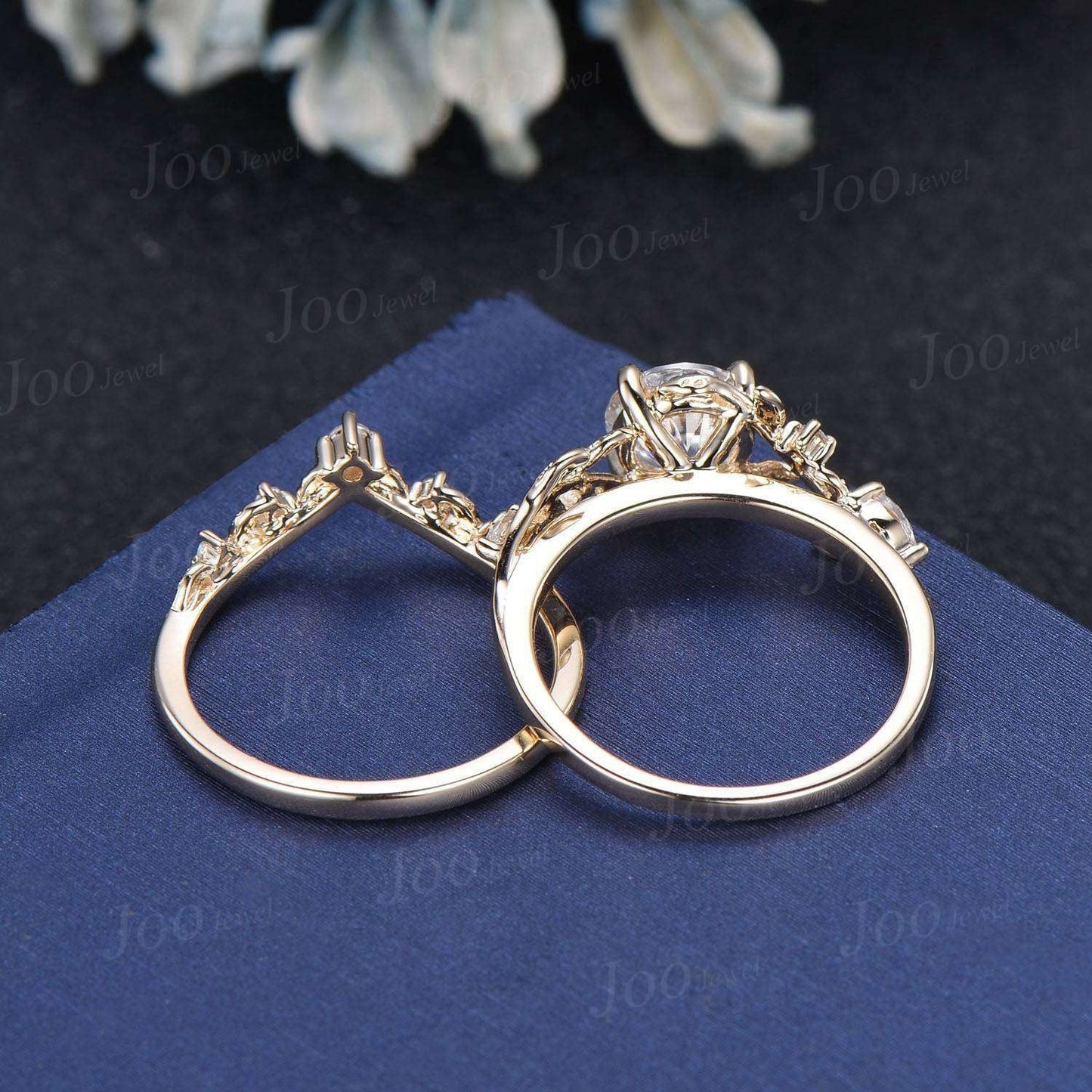 1ct Round Cut Moissanite Engagement Ring 14K Real Gold Nature Inspired Diamond Engagement Ring Leaf Wedding Bridal Set Unique Proposal Gifts