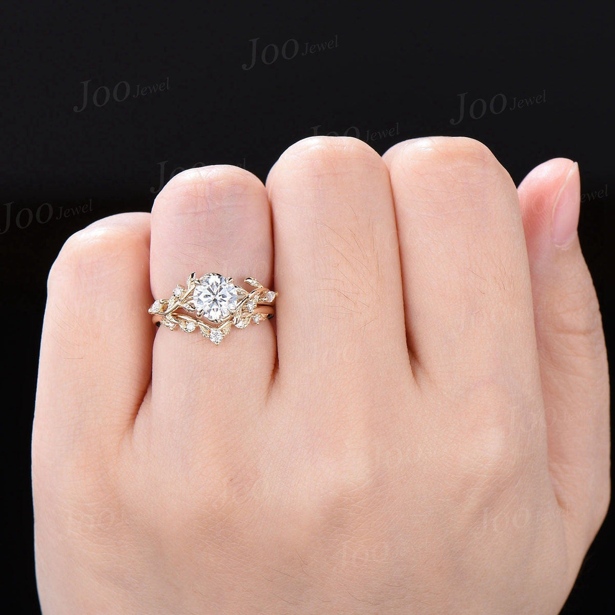 1ct Round Cut Moissanite Engagement Ring 14K Real Gold Nature Inspired Diamond Engagement Ring Leaf Wedding Bridal Set Unique Proposal Gifts