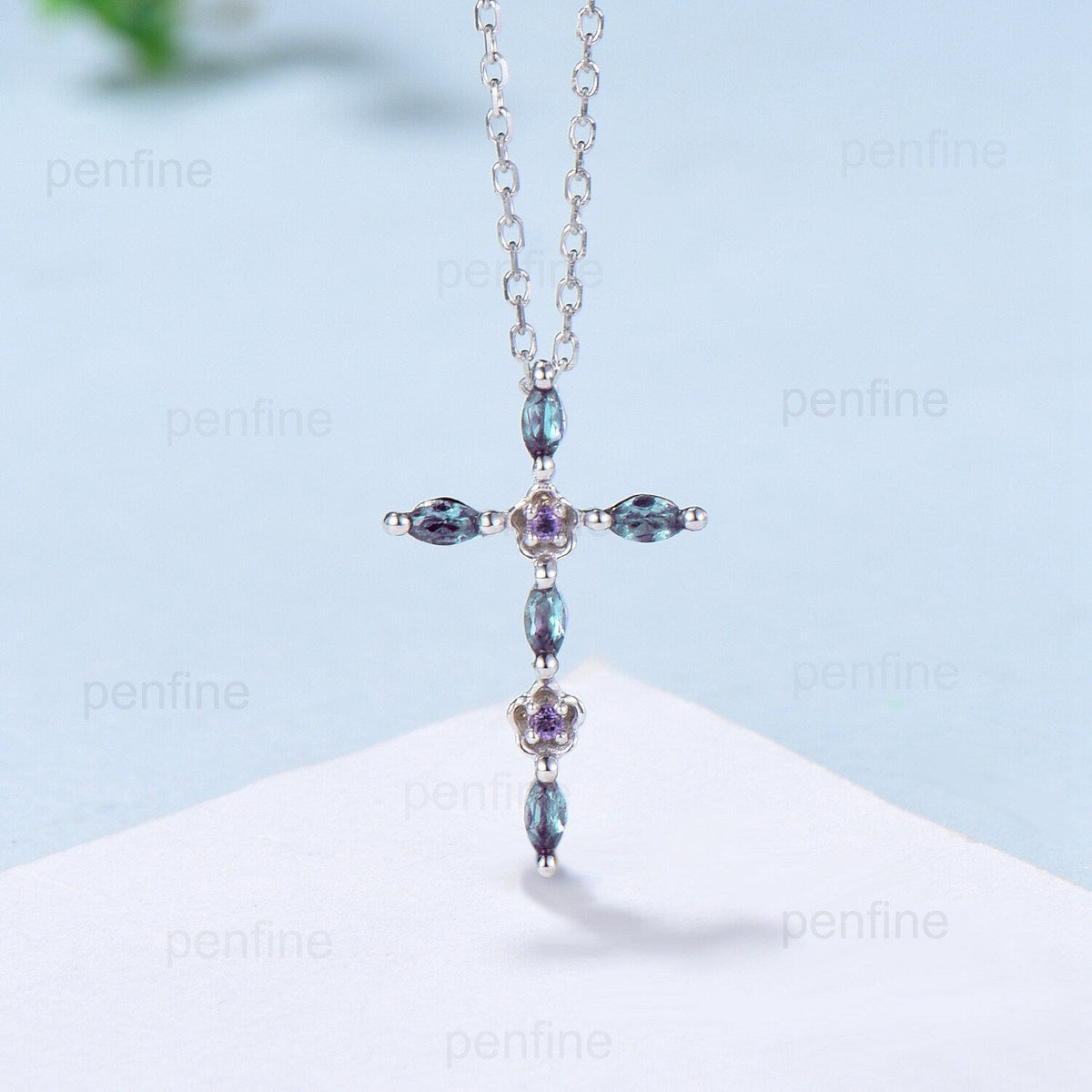 Cross Pendant Necklace Alexandrite Flower Amethyst Necklace Cross Jesus Retro Vintage Cross Pendant White Gold Anniversary gift for women