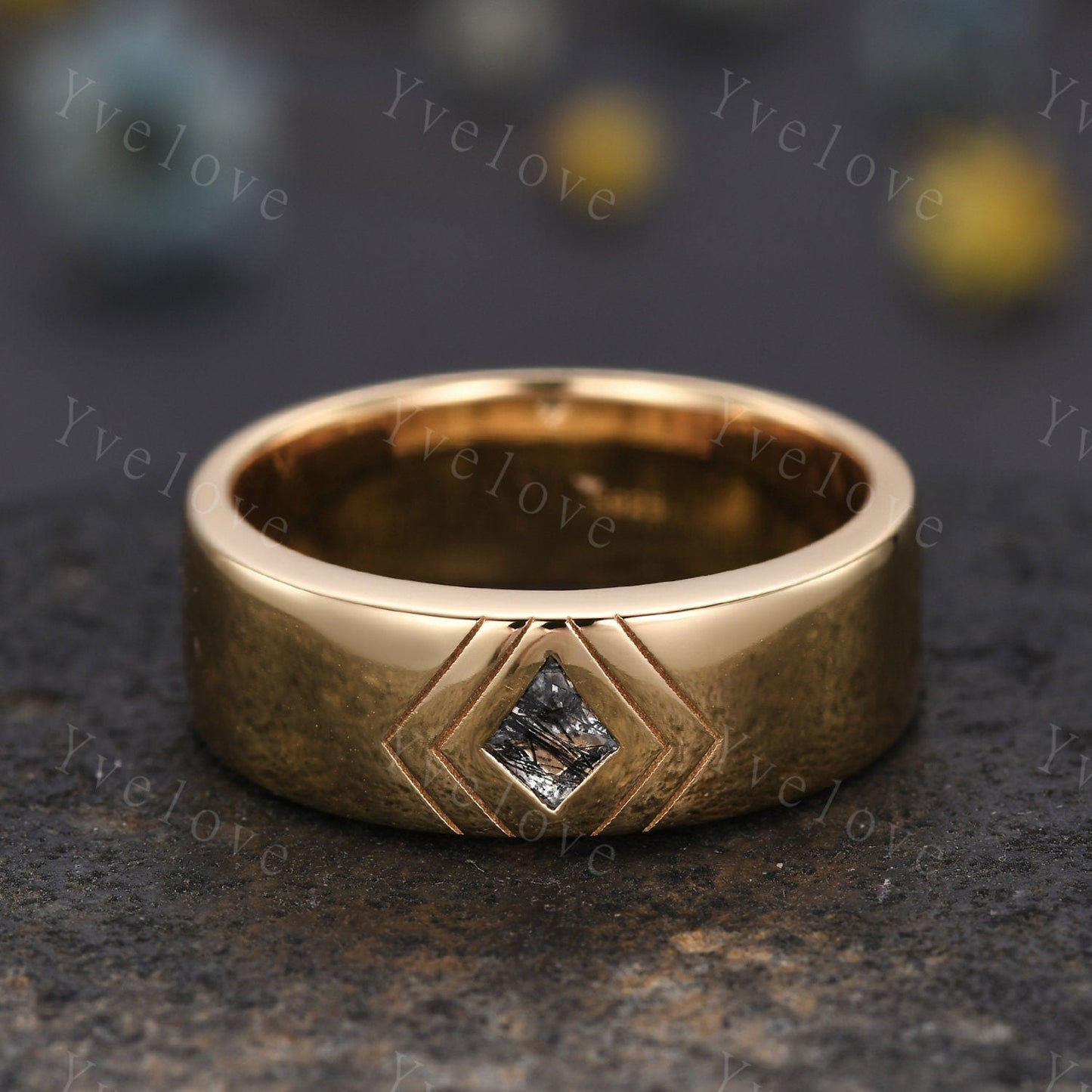 7mm Solid Gold Mens Kite Cut Black Quartz Wedding Band Black Jewelry Engagement Ring Plain Band Mens Stacking Matching Band His Wedding band