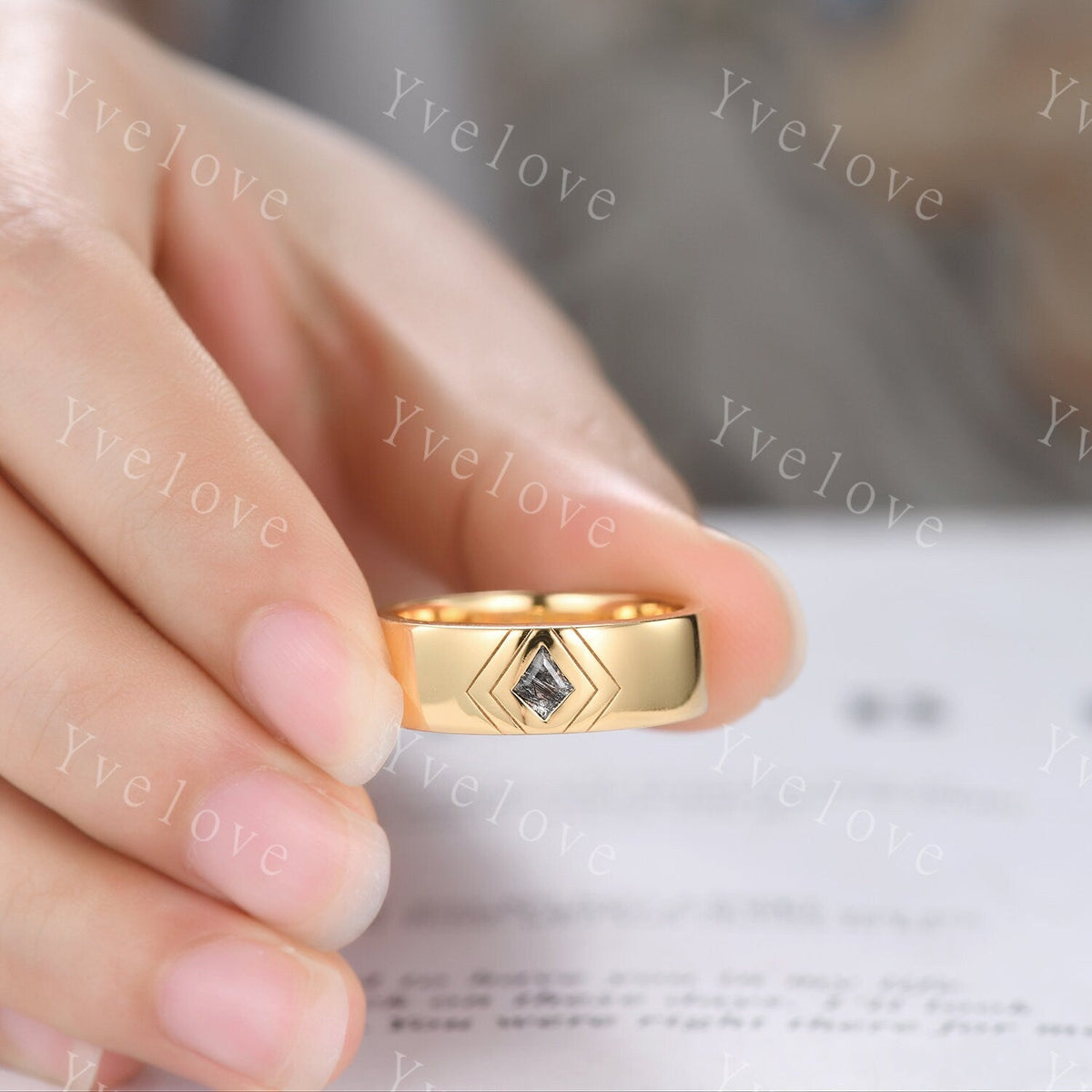 7mm Solid Gold Mens Kite Cut Black Quartz Wedding Band Black Jewelry Engagement Ring Plain Band Mens Stacking Matching Band His Wedding band
