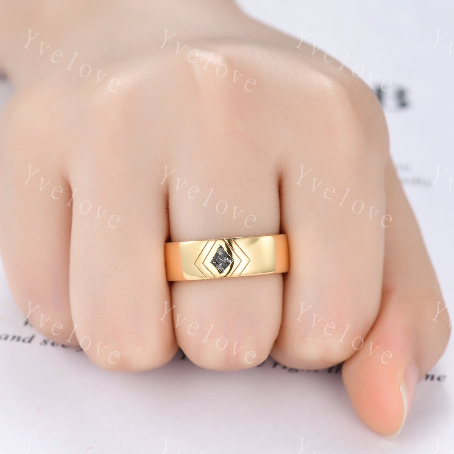 7mm Solid Gold Mens Kite Cut Black Quartz Wedding Band Black Jewelry Engagement Ring Plain Band Mens Stacking Matching Band His Wedding band