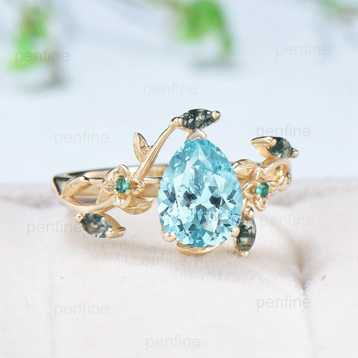 Elegant Pear lab Para¨ªba Engagement Ring Nature Inspired Floral Ring Green Agate Wedding Ring Emerald Branch Leaf Vine Anniversary Ring Gift
