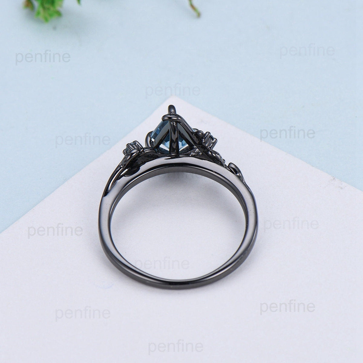 1 Carat Black Gold lab Para¨ªba Ring Vintage Kite cut Natural Inspired Leaf vine engagement ring London blue topaz wedding anniversary gift