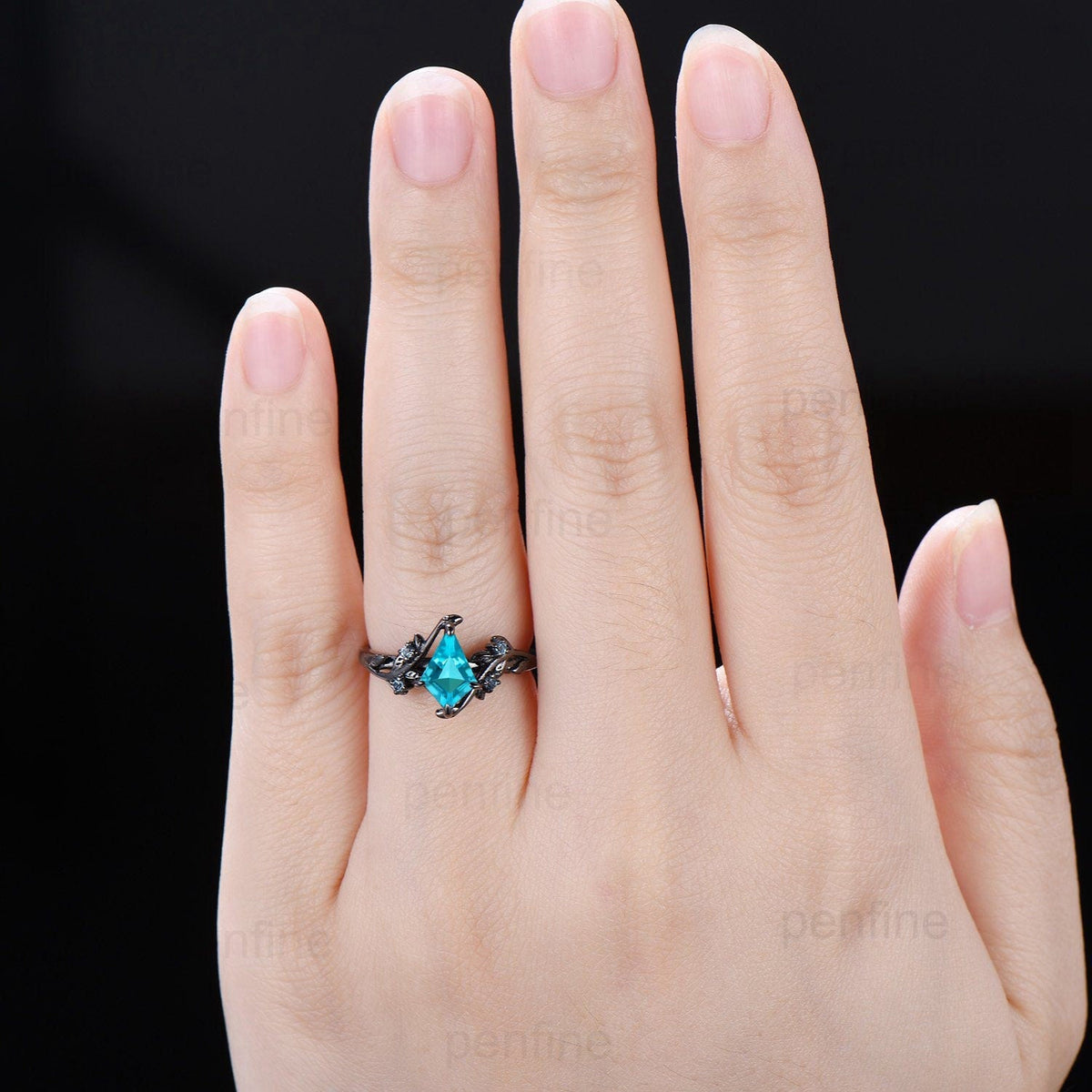 1 Carat Black Gold lab Para¨ªba Ring Vintage Kite cut Natural Inspired Leaf vine engagement ring London blue topaz wedding anniversary gift