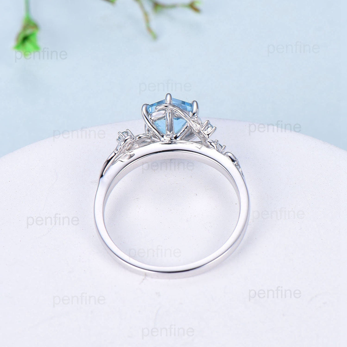 Twig Vine Hexagon cut Lab Para¨ªba Ring Vintage Leaf light Swiss blue topaz engagement ring branch Natural inspired anniversary gift for mom
