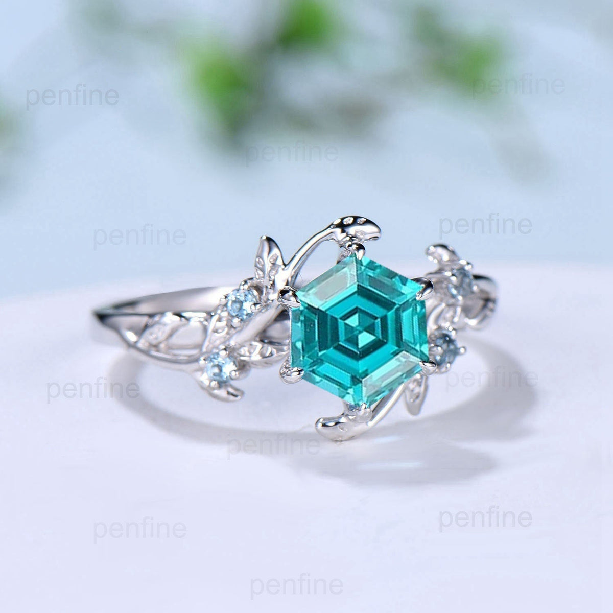 Twig Vine Hexagon cut Lab Para¨ªba Ring Vintage Leaf light Swiss blue topaz engagement ring branch Natural inspired anniversary gift for mom