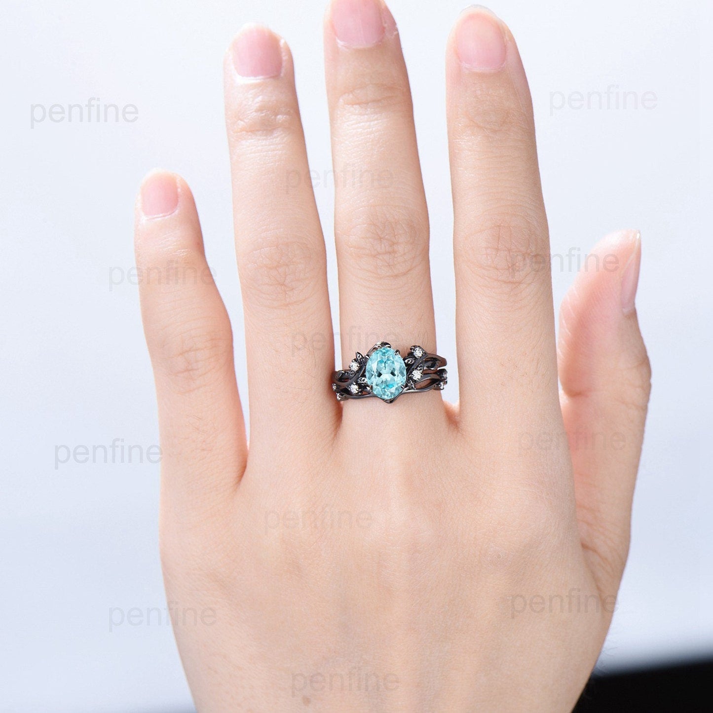 Unique black gold lab para¡§aba ring set Nature Inspired Leaf oval engagement ring vintage cluster moissanite diamond wedding set for women