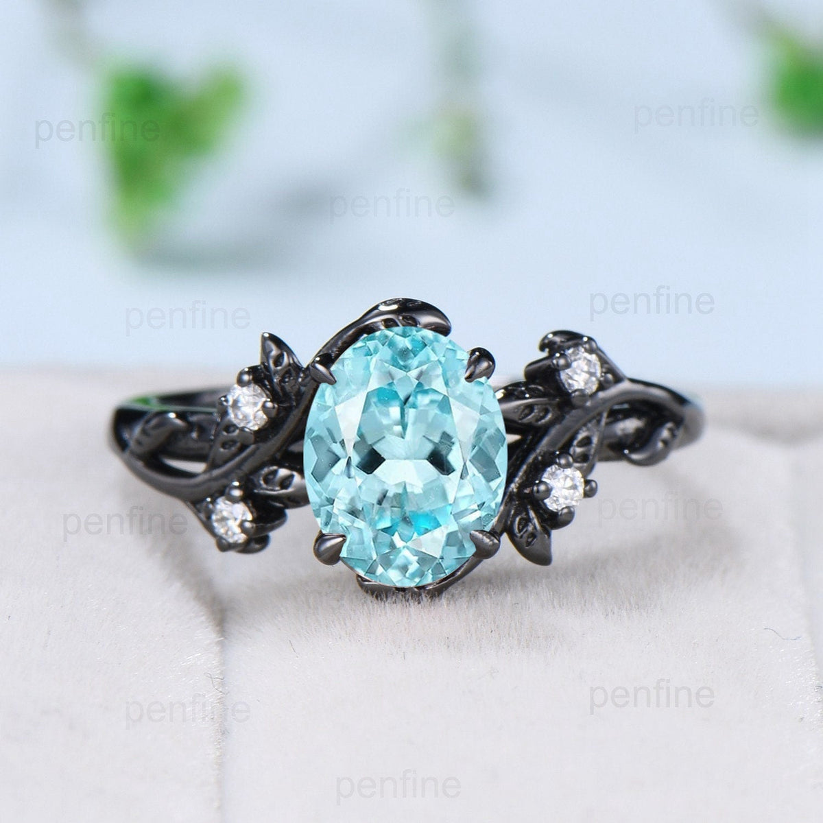 Unique black gold lab para¡§aba ring set Nature Inspired Leaf oval engagement ring vintage cluster moissanite diamond wedding set for women