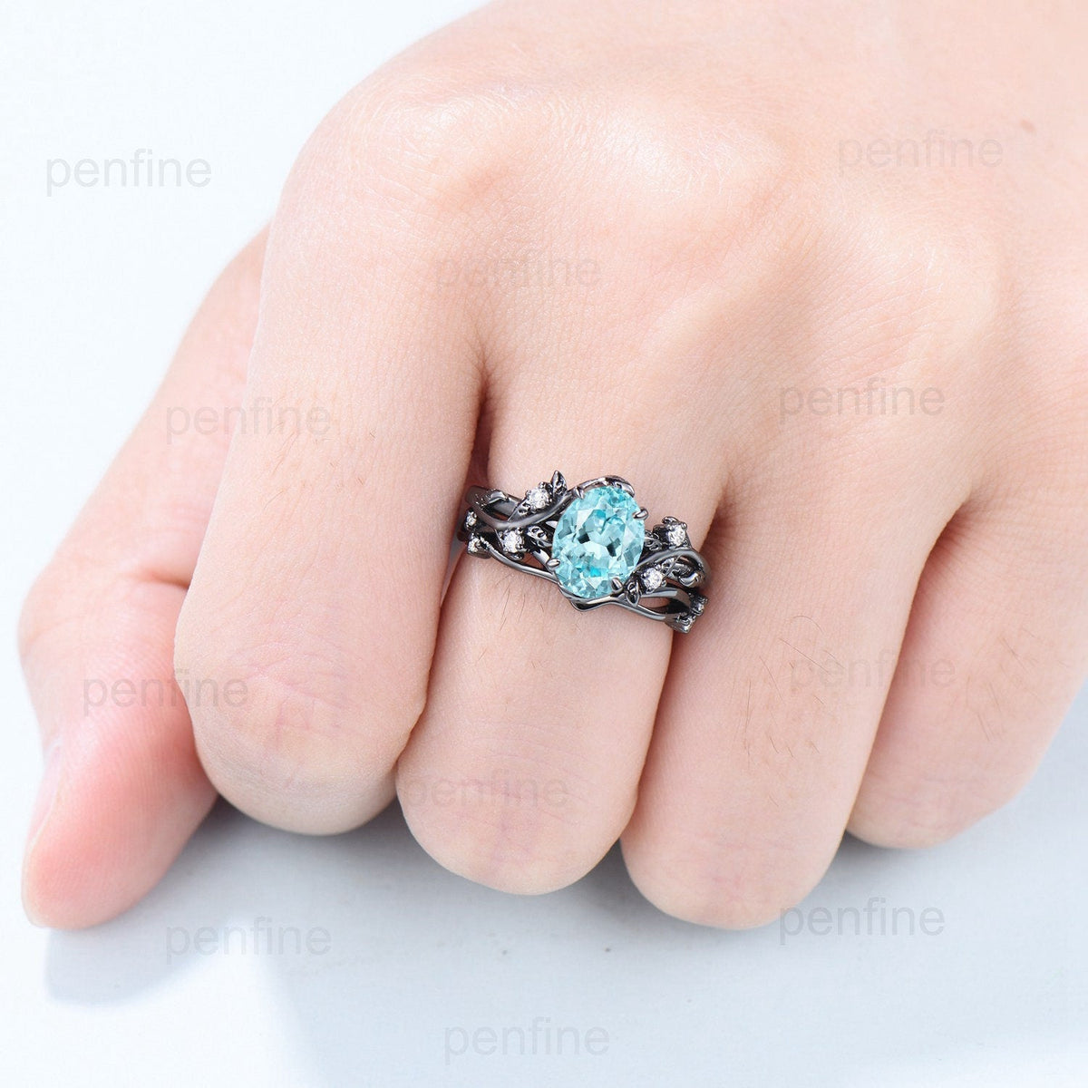 Unique black gold lab para¡§aba ring set Nature Inspired Leaf oval engagement ring vintage cluster moissanite diamond wedding set for women
