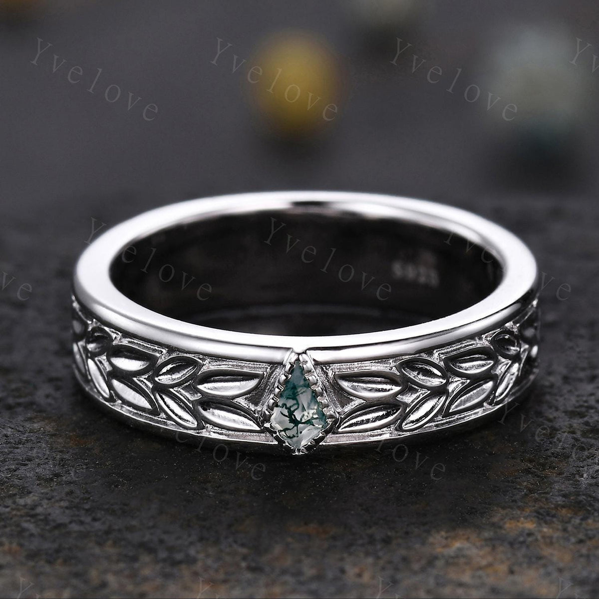 3/4 Eternity Kite Moss Agate Leaf Wedding Band Unisex Silver Black Ring Nature Inspired Promise Bridal Ring Custom Jewelry Rings For Men