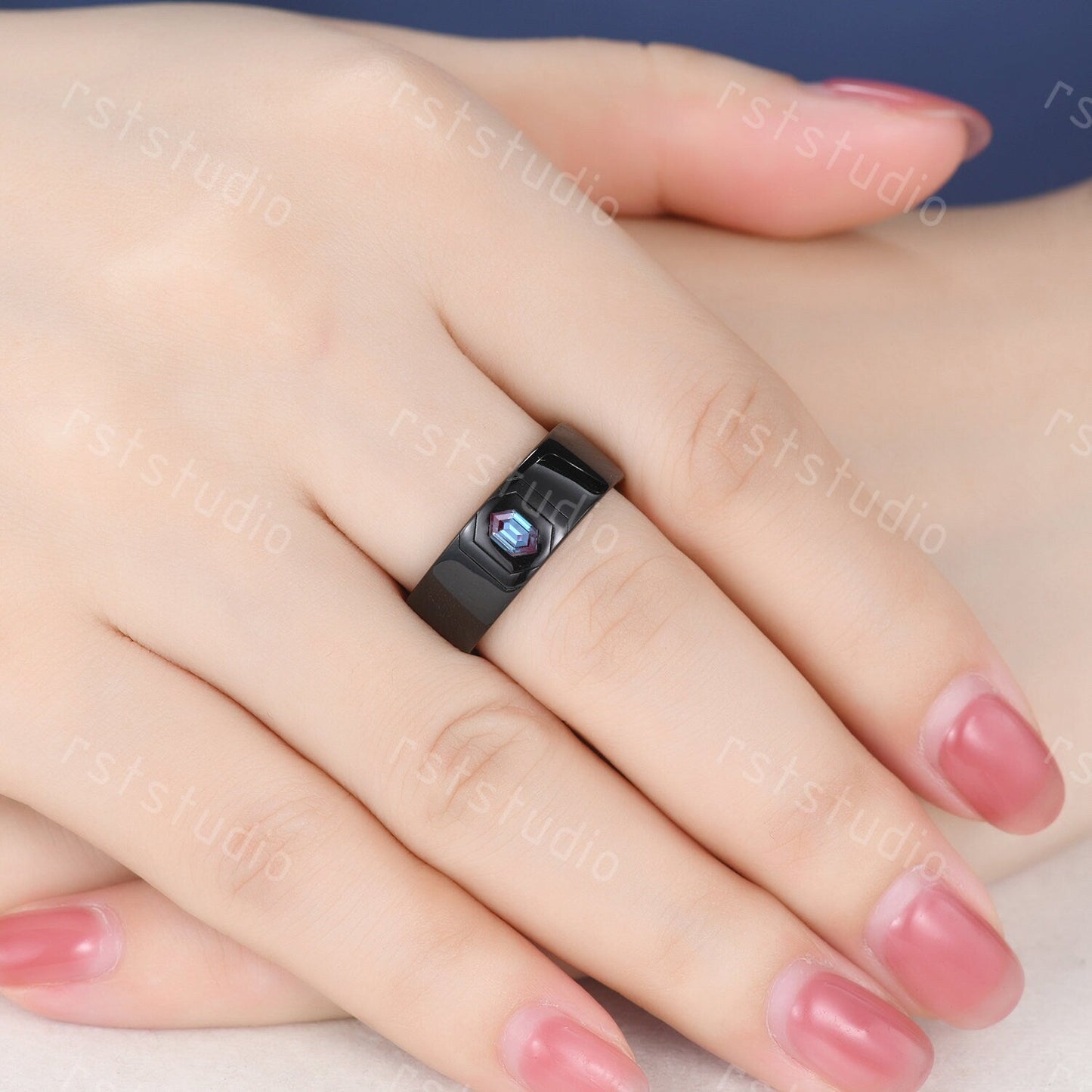 Nature Inspired Alexandrite Engagement Ring: Emerald Leaf, Black Band