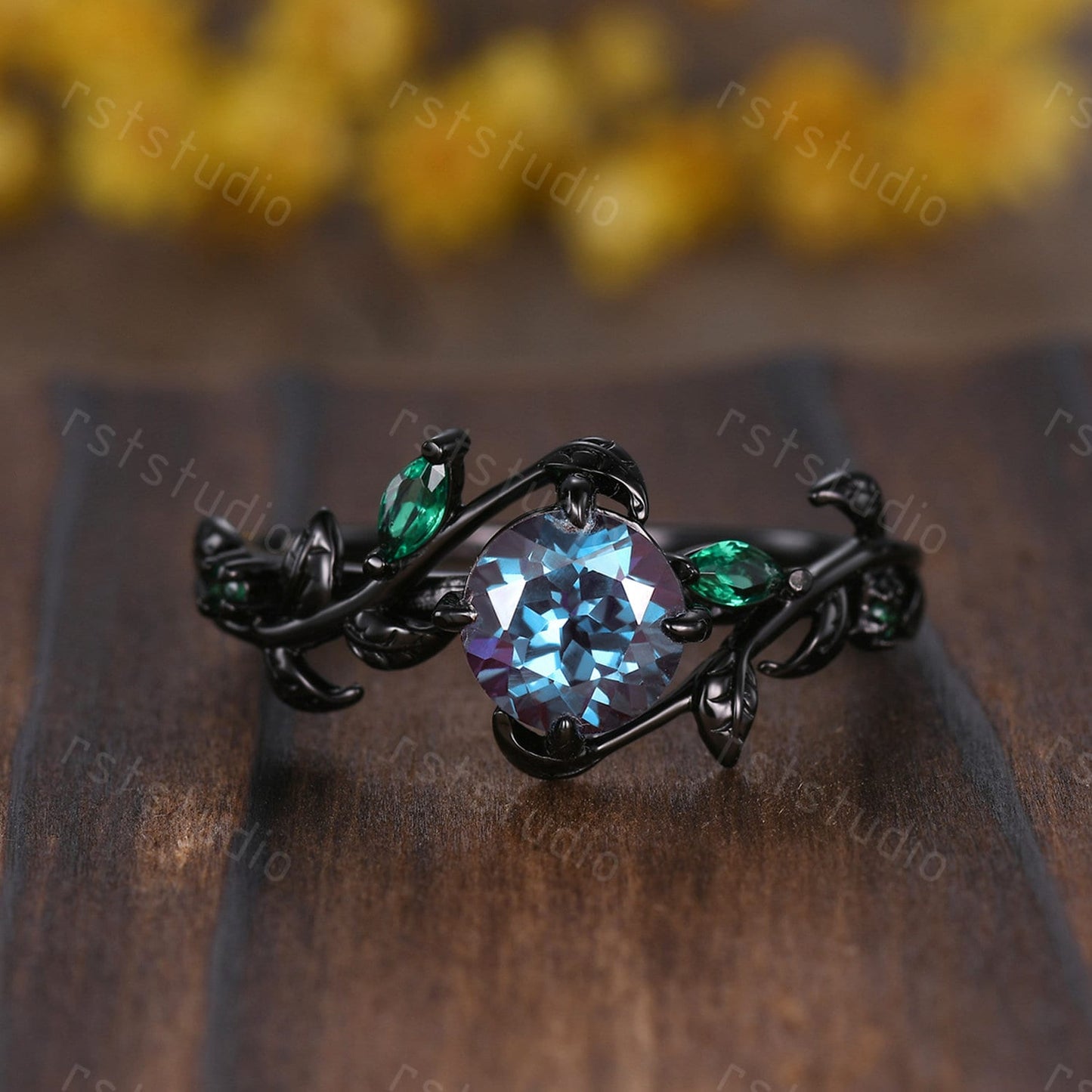 Nature Inspired Alexandrite Engagement Ring: Emerald Leaf, Black Band