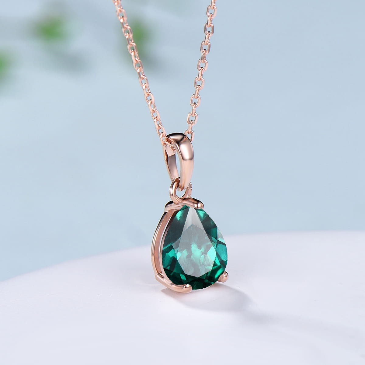 Dainty 14K Rose Gold Emerald Necklace - Teardrop May Birthstone