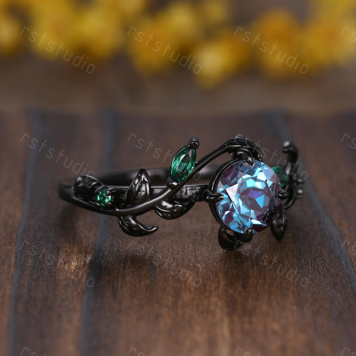 Nature Inspired Alexandrite Engagement Ring: Emerald Leaf, Black Band