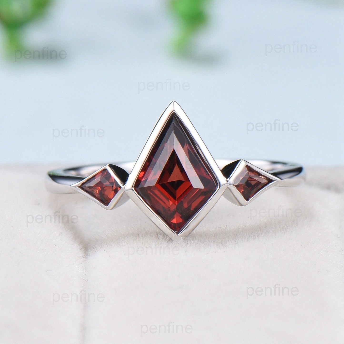 Kite Cut Red Garnet Engagement Ring - Modern Bezel Set Three Stone Band