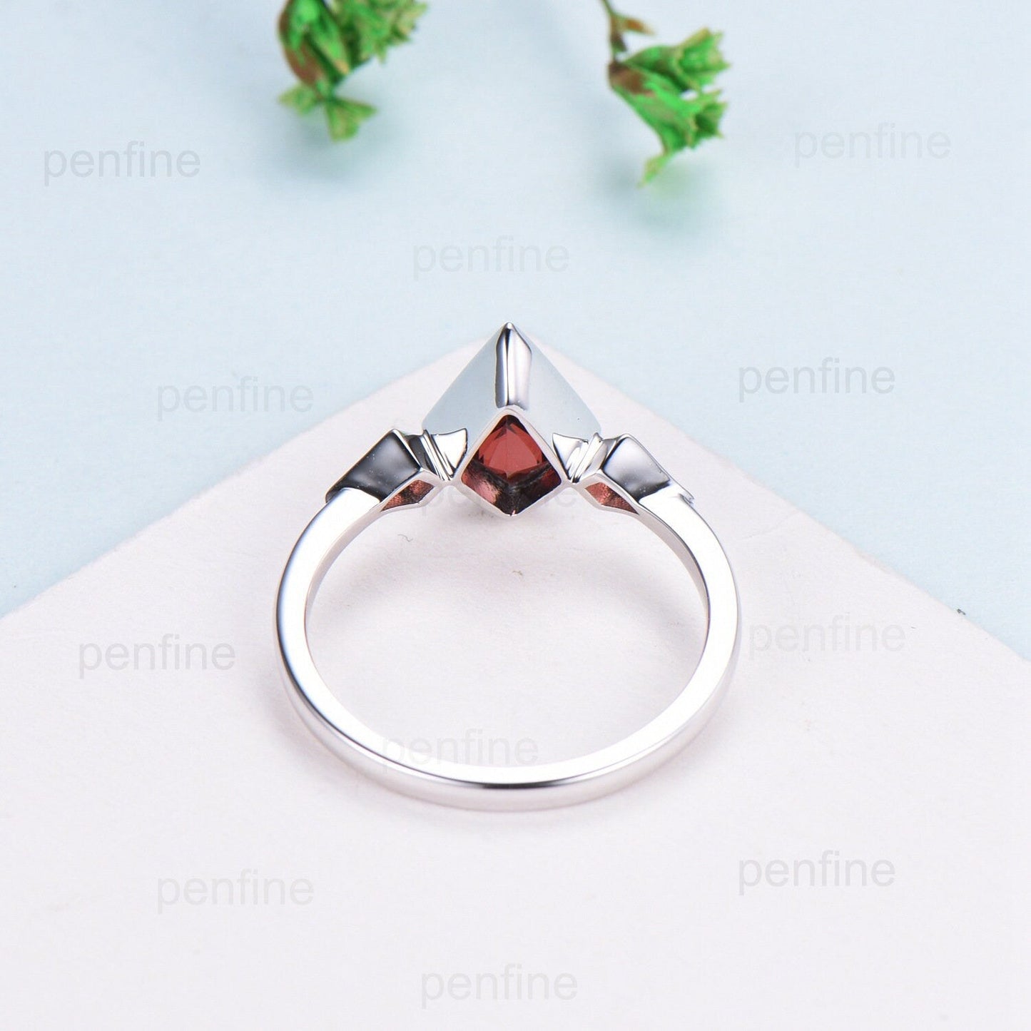 Kite Cut Red Garnet Engagement Ring - Modern Bezel Set Three Stone Band