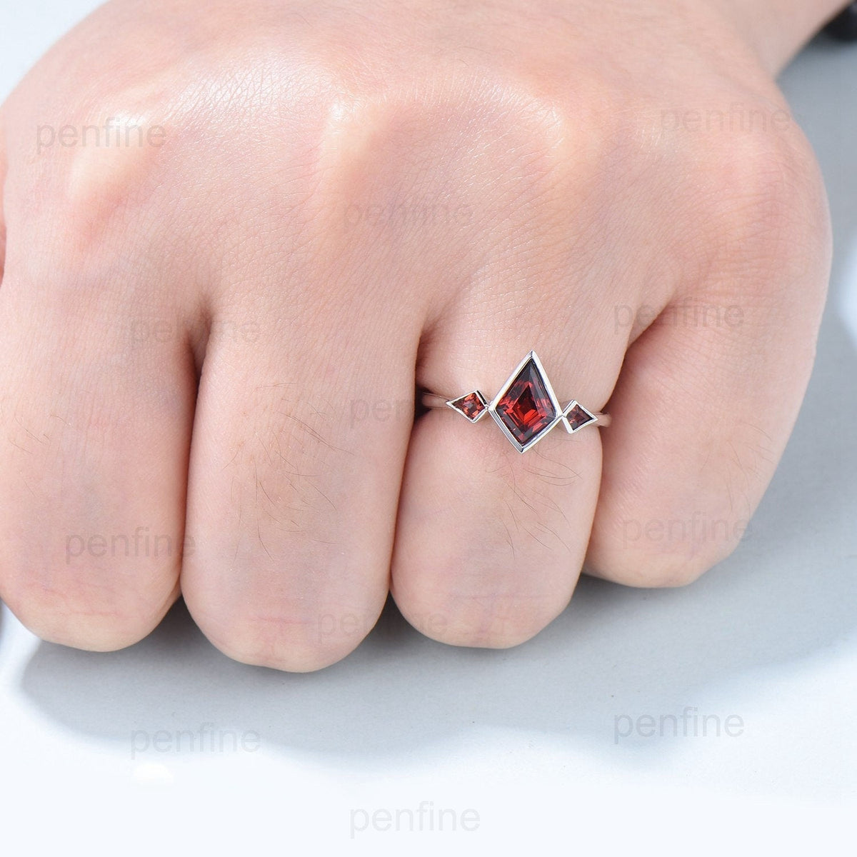 Kite Cut Red Garnet Engagement Ring - Modern Bezel Set Three Stone Band