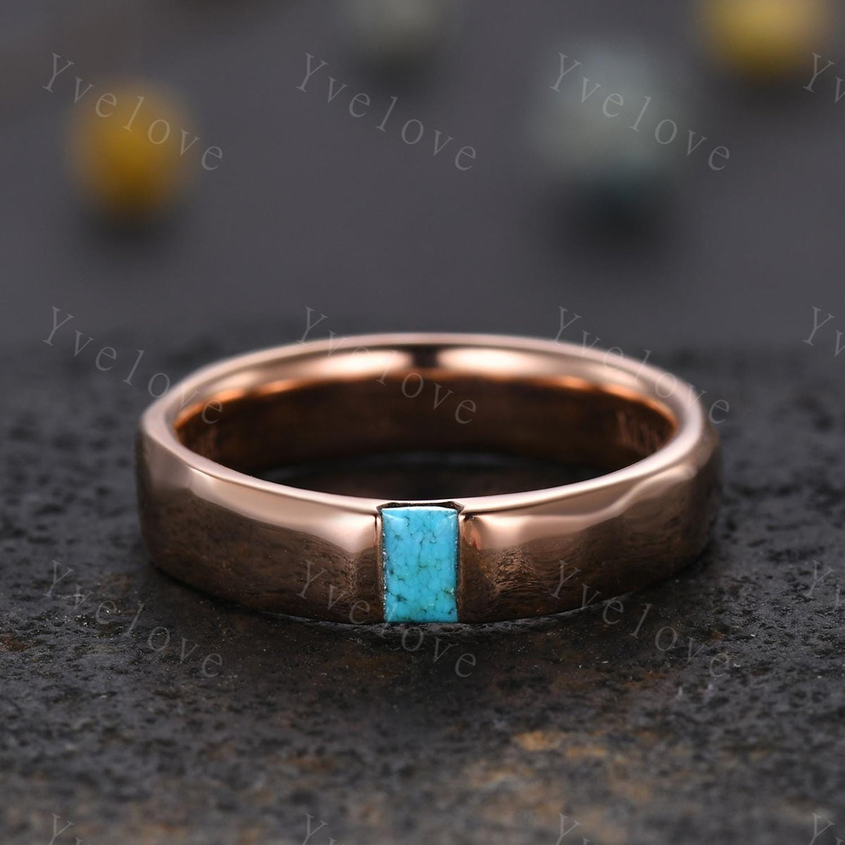 Ancient Mens Turquoise Wedding Band Baguette Cut Turquoise Band Unique Mens Hammered Stacking Matching Band Vintage Retro Ring Gift For Him