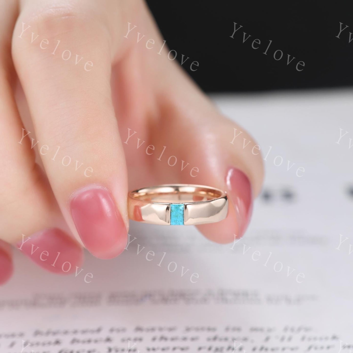 Ancient Mens Turquoise Wedding Band Baguette Cut Turquoise Band Unique Mens Hammered Stacking Matching Band Vintage Retro Ring Gift For Him
