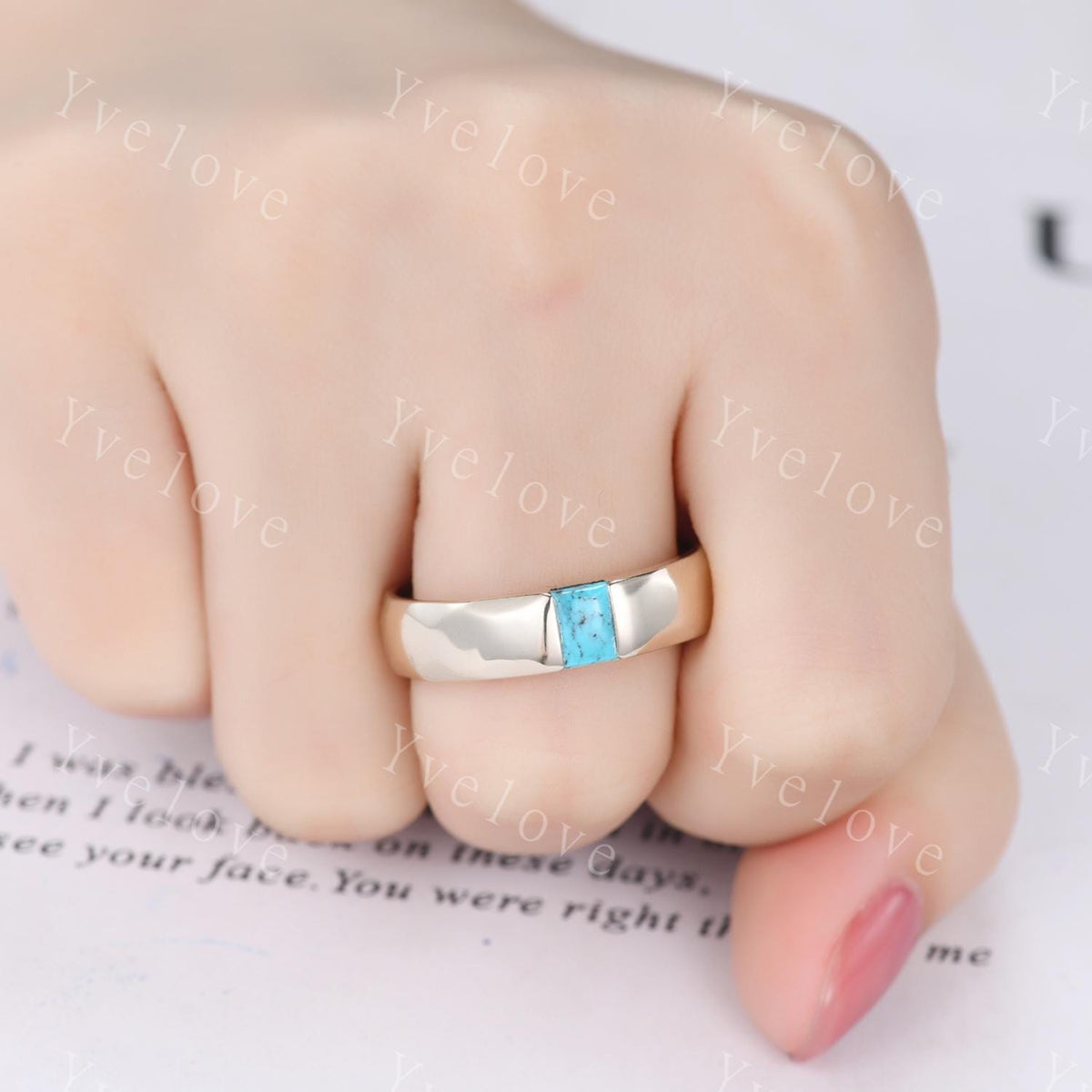 Ancient Mens Turquoise Wedding Band Baguette Cut Turquoise Band Unique Mens Hammered Stacking Matching Band Vintage Retro Ring Gift For Him